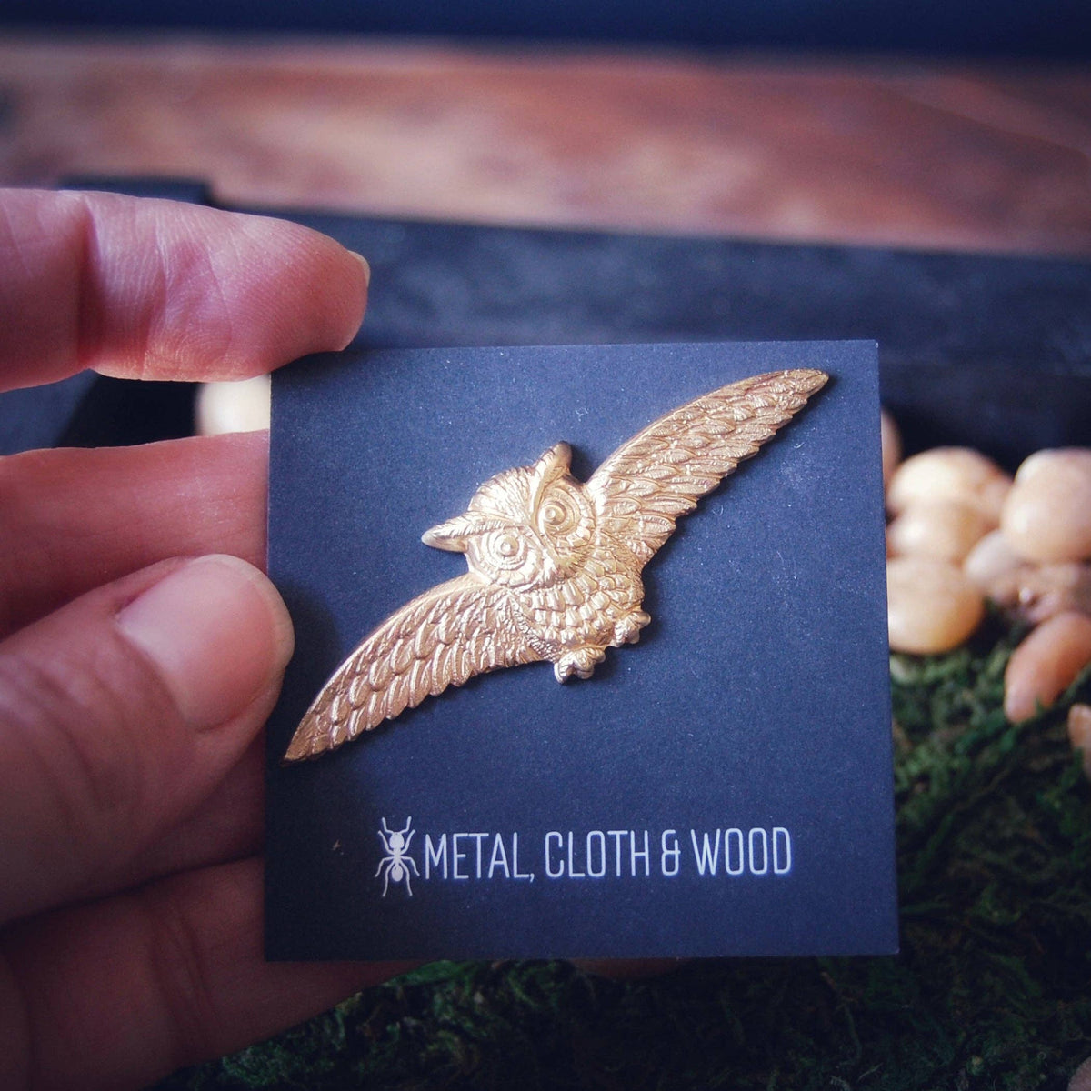 Golden Horned Owl Brooch Pin | Handmade Brass Owl Pin