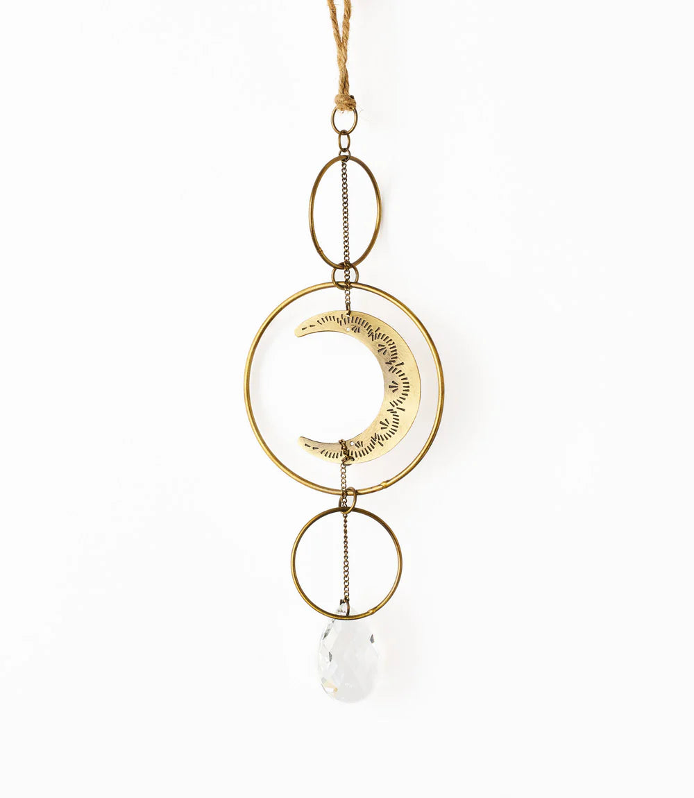 Surya Crescent Moon Brass Suncatcher | Celestial Decor