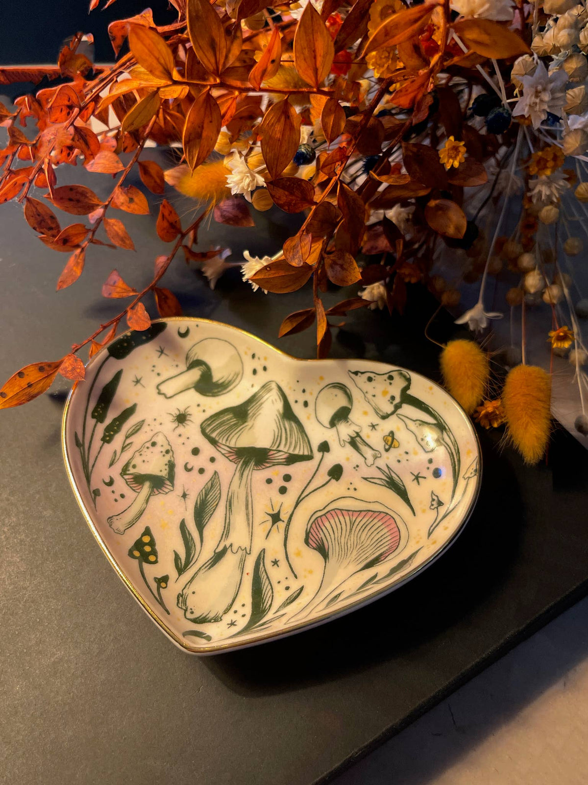 Starry Mushrooms Heart Dish | Ceramic Trinket Dish