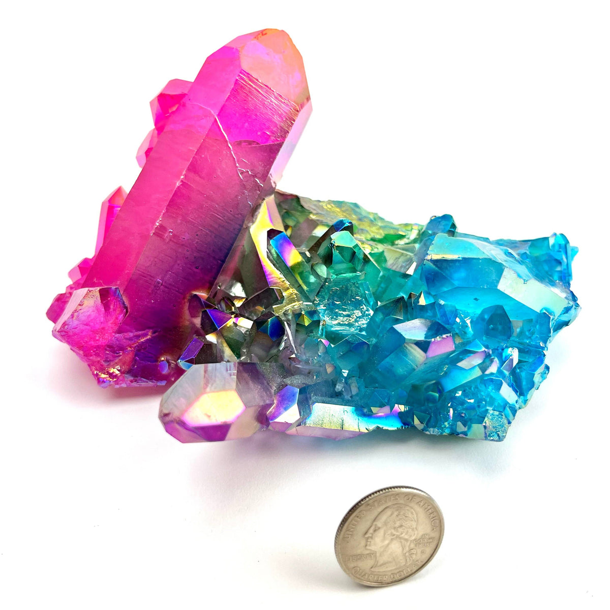 Triple Color Titanium Aura Quartz Cluster | Iridescent Crystal Specimen