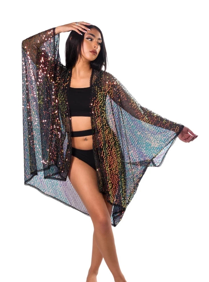 Disco Black Sequin Kimono | Sequin Layering Textile