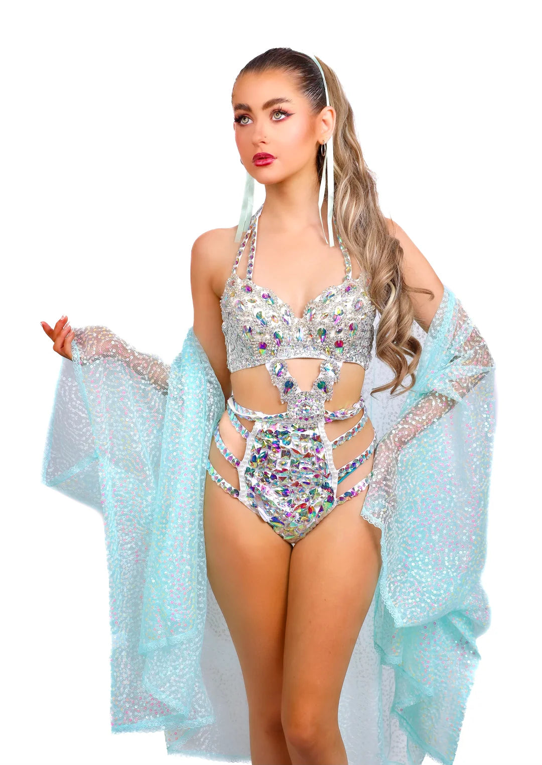 Aqua Glitter Sequin Kimono | Sequin Layering Textile