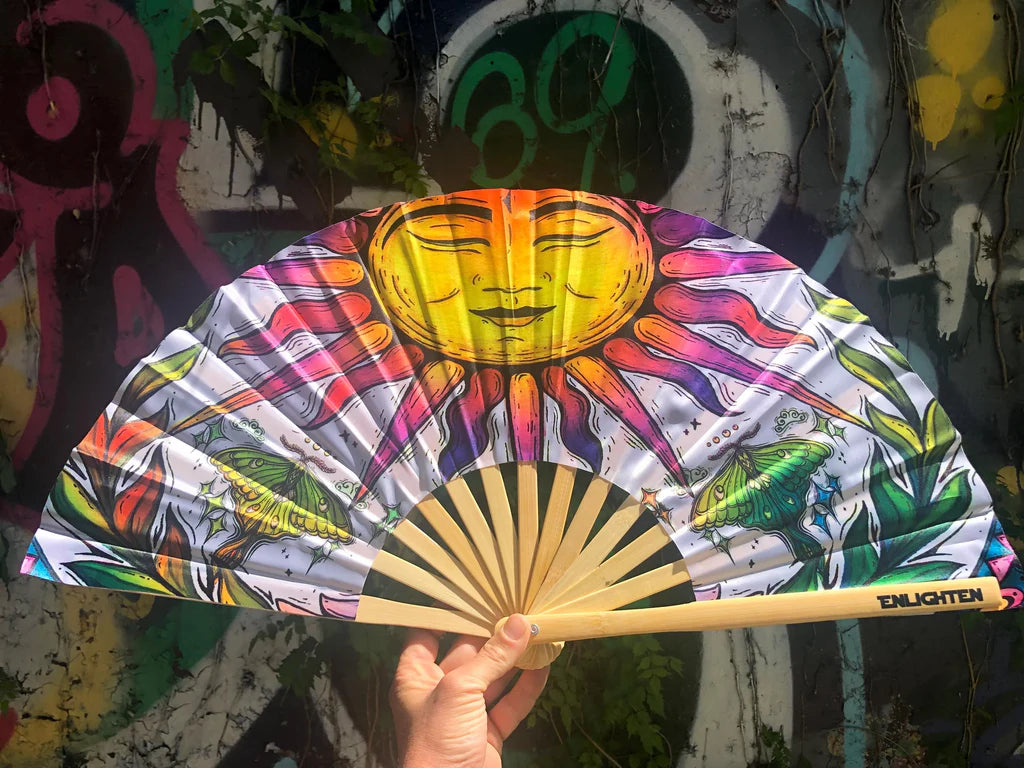 Sun & Luna Moth Folding Fan | UV Reactive Festival Fan