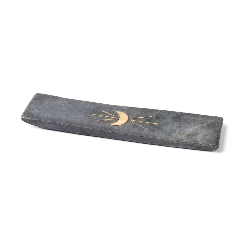 Indukala Moon Phase Incense Holder | Black Marble & Brass Inlay