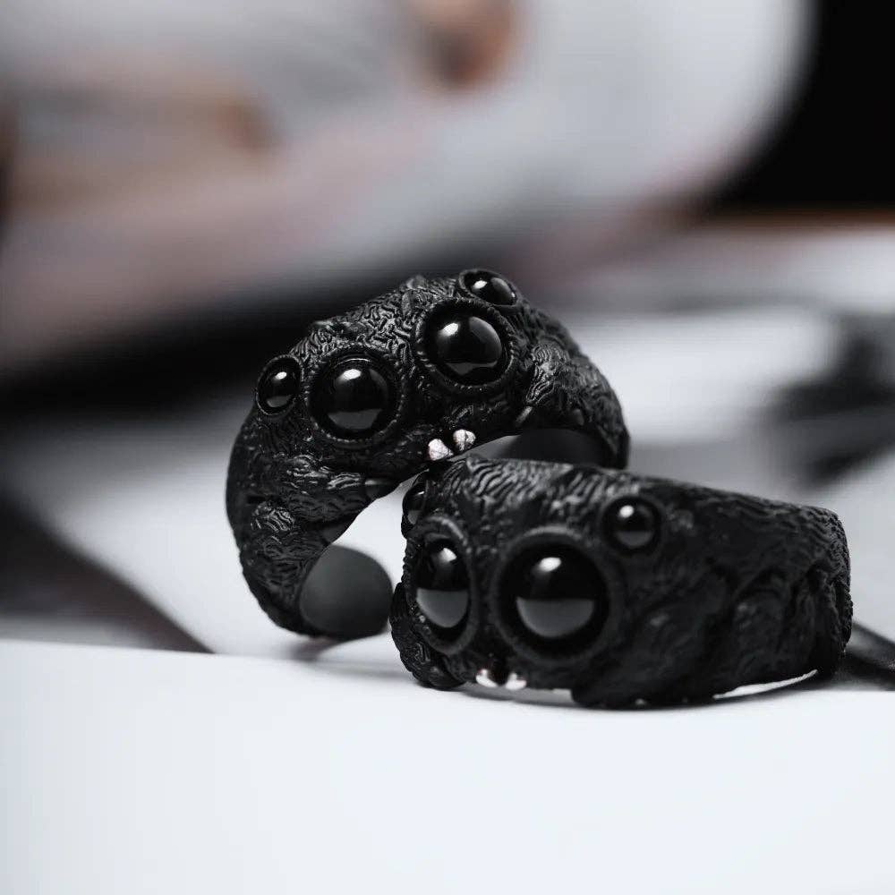 Jumping Spider Ring | Sterling Silver, Matte Black or Brass with Black Agate Eyes | Coppertist.Wu
