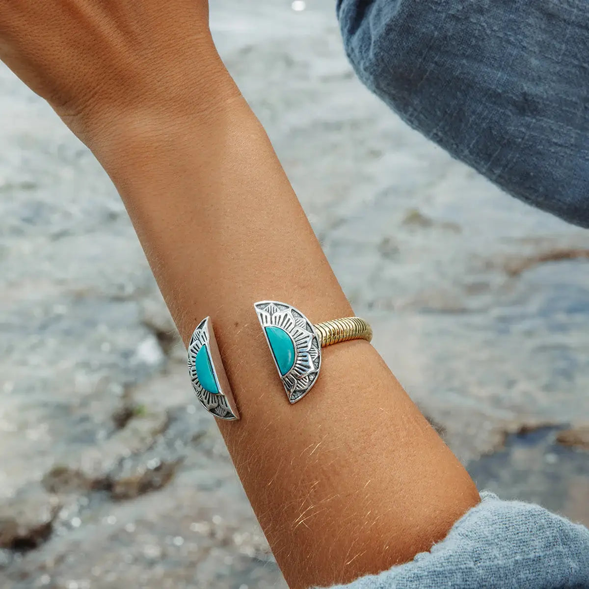 Natural Mystic Cuff | Turquoise, Brass with Sterling Silver | Bahgsu Jewels