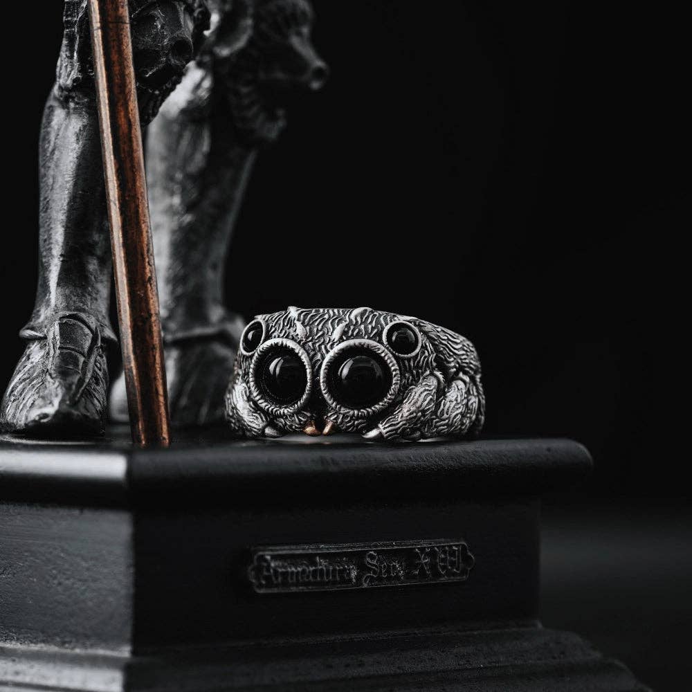 Jumping Spider Ring | Sterling Silver, Matte Black or Brass with Black Agate Eyes | Coppertist.Wu