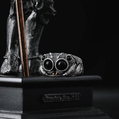 Jumping Spider Ring | Sterling Silver, Matte Black or Brass with Black Agate Eyes | Coppertist.Wu