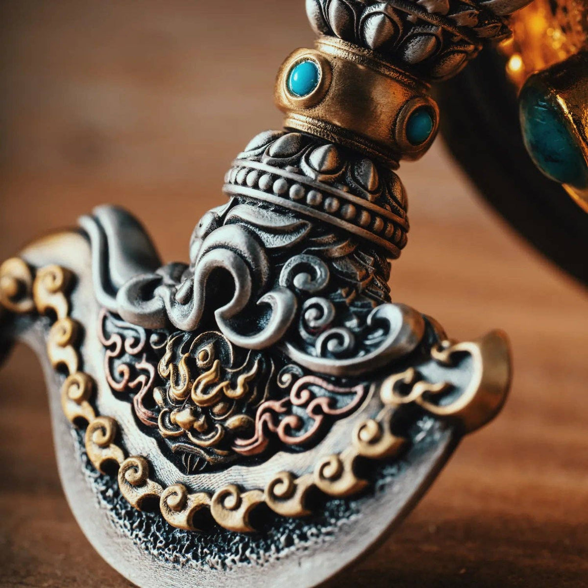 Vajra Axe Blade Pendant | Brown Garuda Rope Necklace | Oxidized Silver, Brass, Copper & Turquoise | Coppertist.Wu