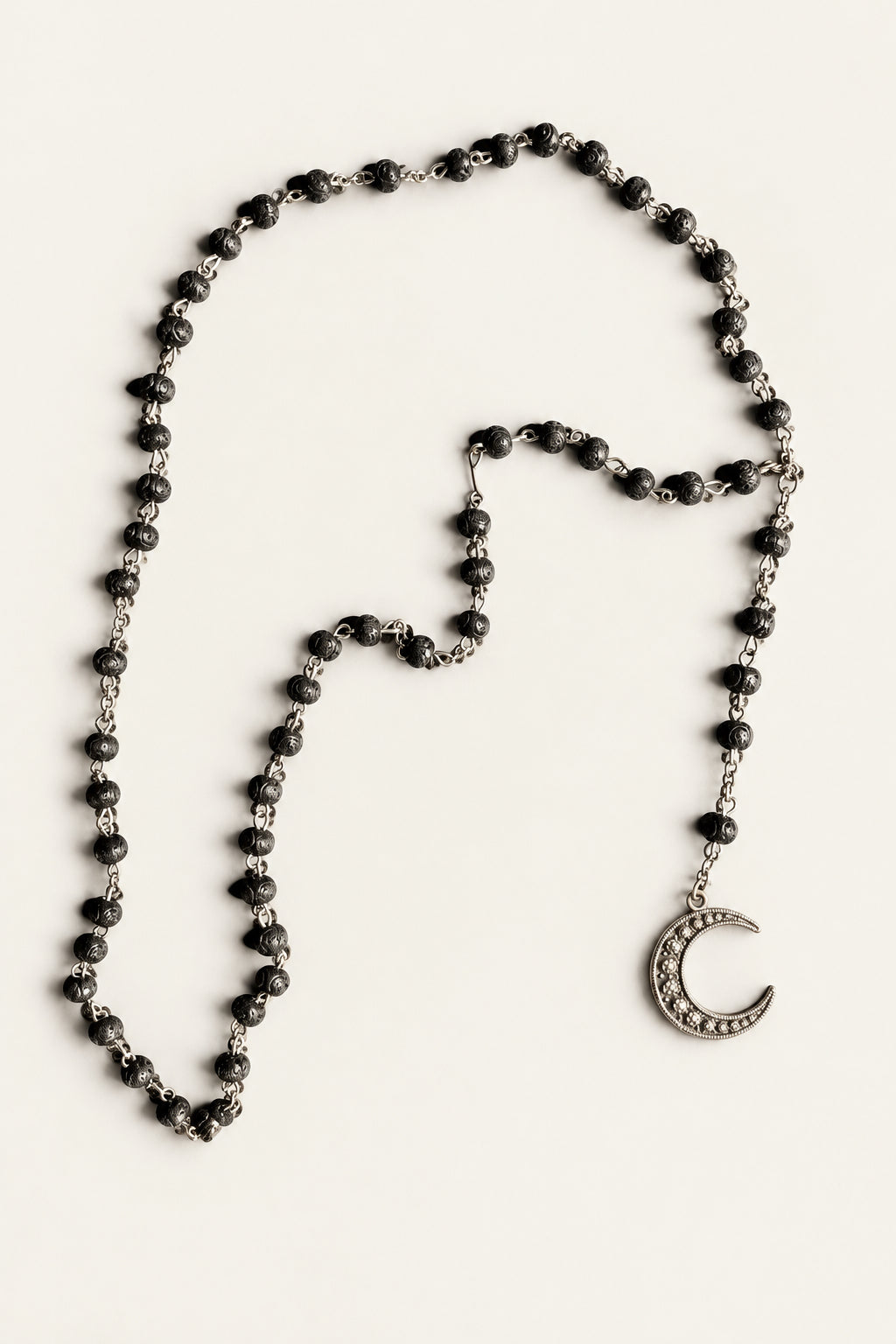 Black Rosary Necklace with Crescent Moon | Oxidized Silver | Alkemie Jewelry