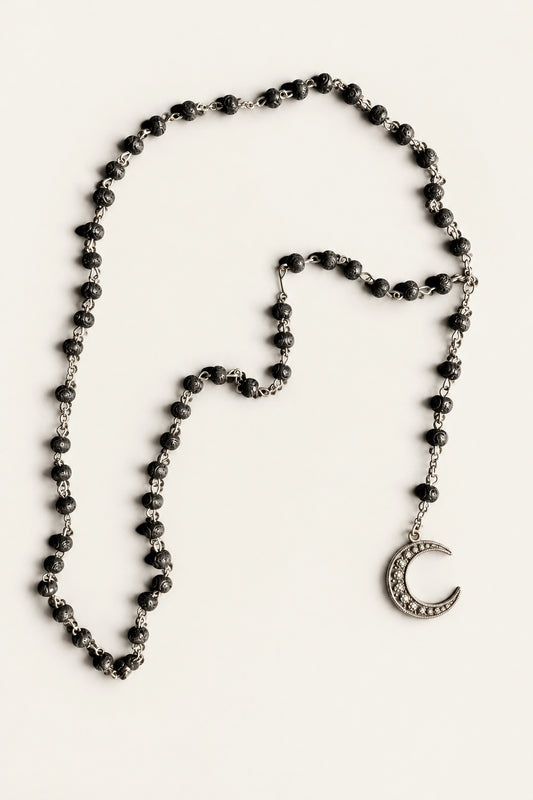 Black Rosary Necklace with Crescent Moon | Oxidized Silver | Alkemie Jewelry