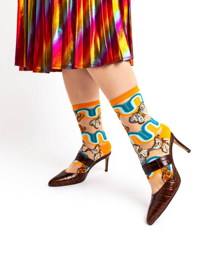 Retro Rainbow Butterfly | Sheer Crew Socks