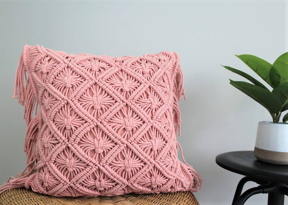 Pink Macramé Accent Pillow | Handwoven Home Décor