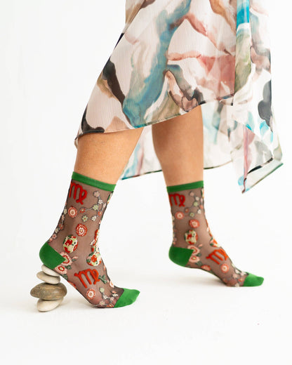 Virgo Zodiac Black Sheer Crew Sock **
