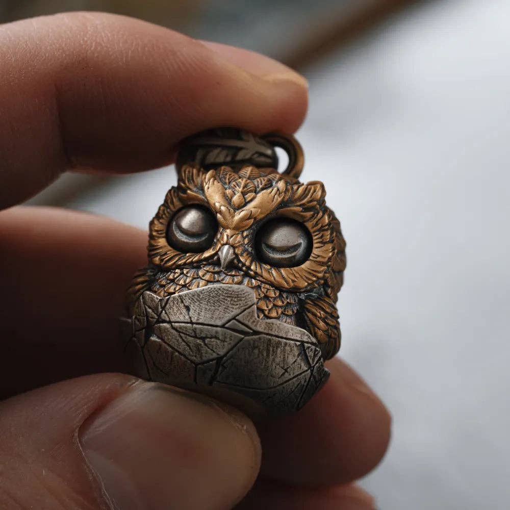 Owl Fidget Pendant Keyring| Brass & White Bronze | Coppertist.Wu