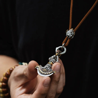 Vajra Axe Blade Pendant | Brown Garuda Rope Necklace | Oxidized Silver, Brass, Copper & Turquoise | Coppertist.Wu