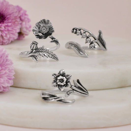 Birth Flower Rings | Sterling Silver Adjustable
