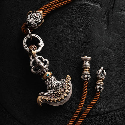 Vajra Axe Blade Pendant | Brown Garuda Rope Necklace | Oxidized Silver, Brass, Copper & Turquoise | Coppertist.Wu