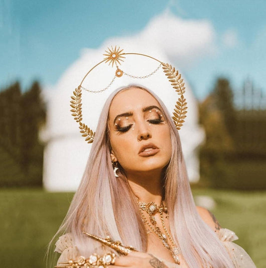 Mary Goddess Crown & Earring Set | Celestial Pearl Halo Embellishment