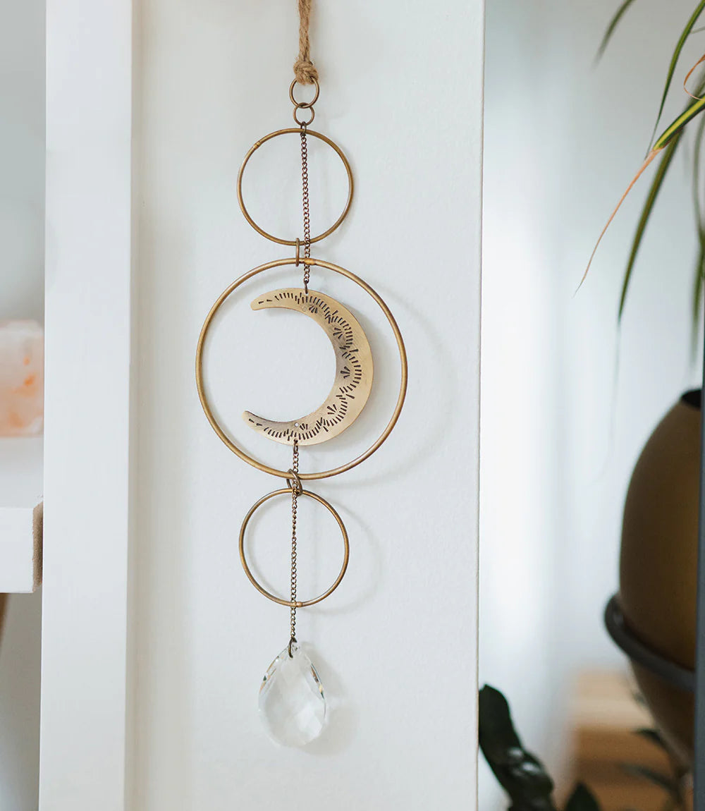 Surya Crescent Moon Brass Suncatcher | Celestial Decor