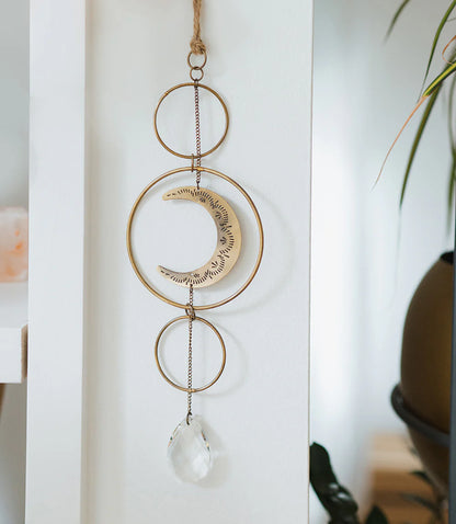 Surya Crescent Moon Brass Suncatcher | Celestial Decor