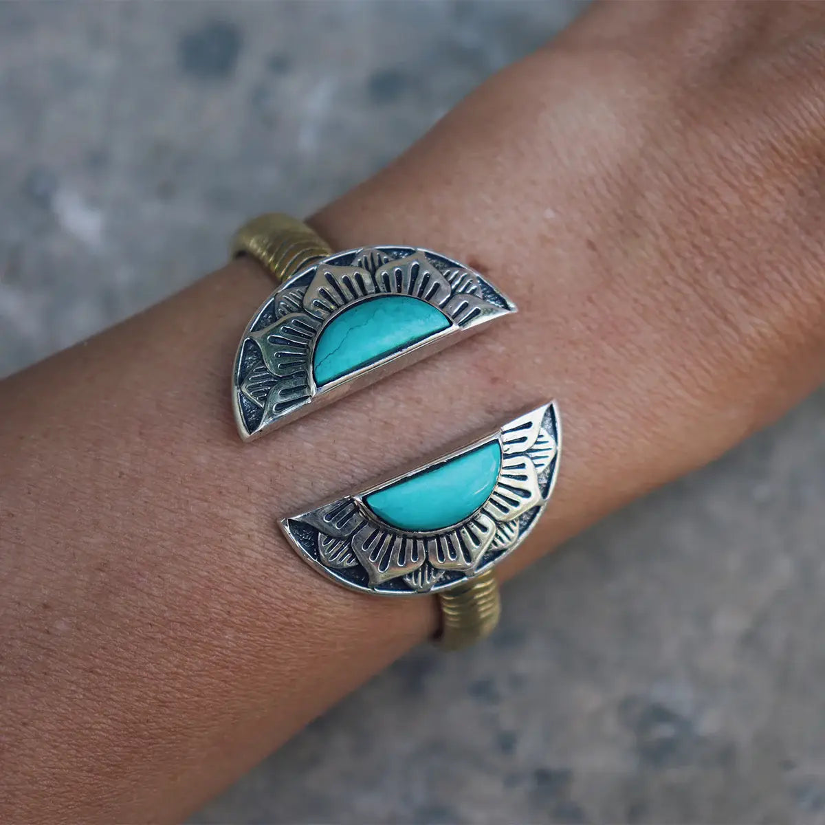 Natural Mystic Cuff | Turquoise, Brass with Sterling Silver | Bahgsu Jewels