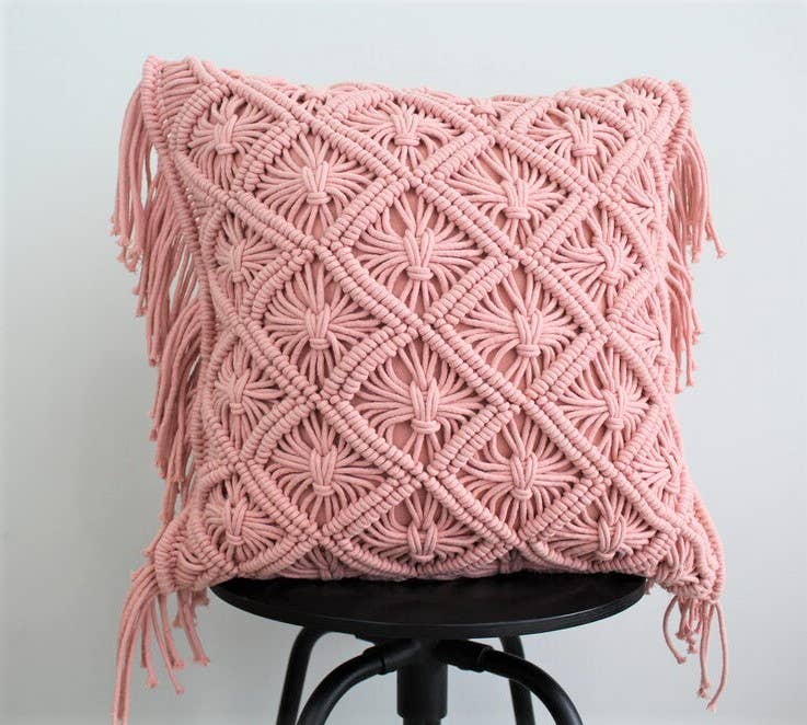 Pink Macramé Accent Pillow | Handwoven Home Décor