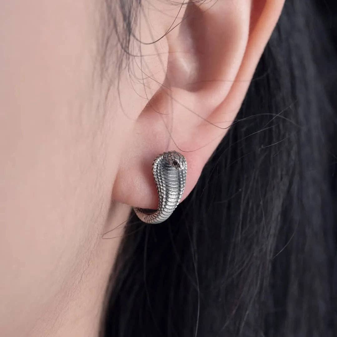 Cobra Huggie Earrings | Oxidized Sterling Silver & Zircon | Coppertist.Wu