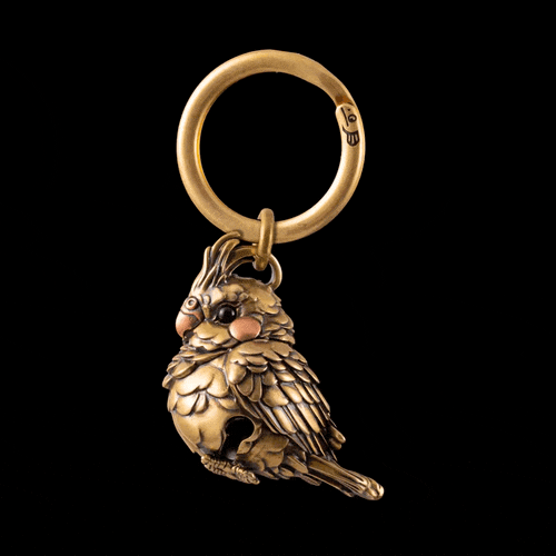 Cockatiel Bell Keychain | Brass, Purple Copper & Black Agate | Coppertist.Wu
