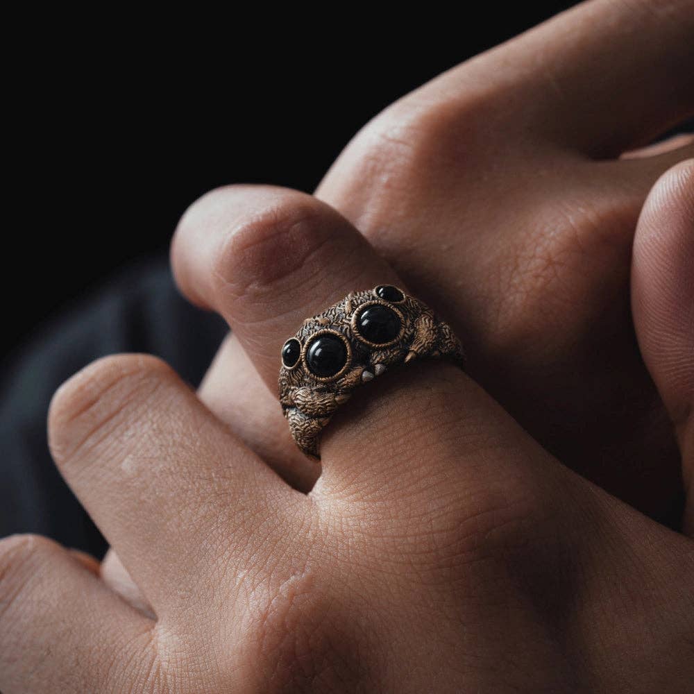 Jumping Spider Ring | Sterling Silver, Matte Black or Brass with Black Agate Eyes | Coppertist.Wu