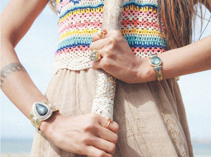 Hemisphere Cuff | Labradorite, Brass with Sterling Silver | Bahgsu Jewels