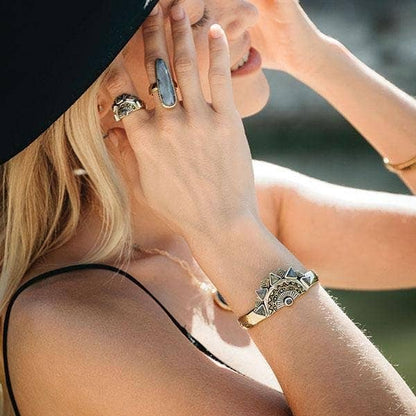 Sunbeam Cuff | Moonstone, Brass with Sterling Silver | Bahgsu Jewels