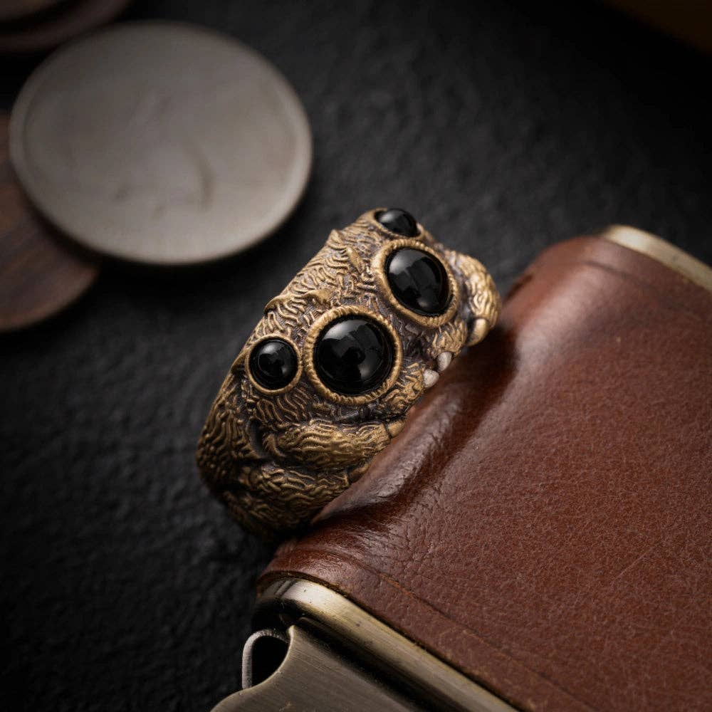 Jumping Spider Ring | Sterling Silver, Matte Black or Brass with Black Agate Eyes | Coppertist.Wu