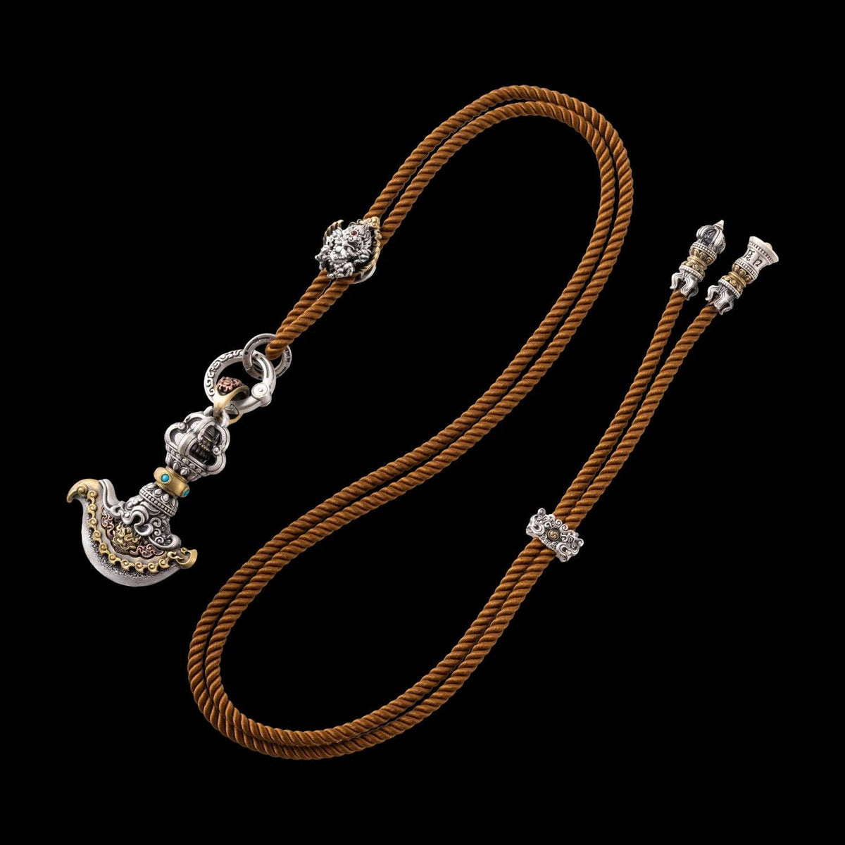 Vajra Axe Blade Pendant | Brown Garuda Rope Necklace | Oxidized Silver, Brass, Copper & Turquoise | Coppertist.Wu