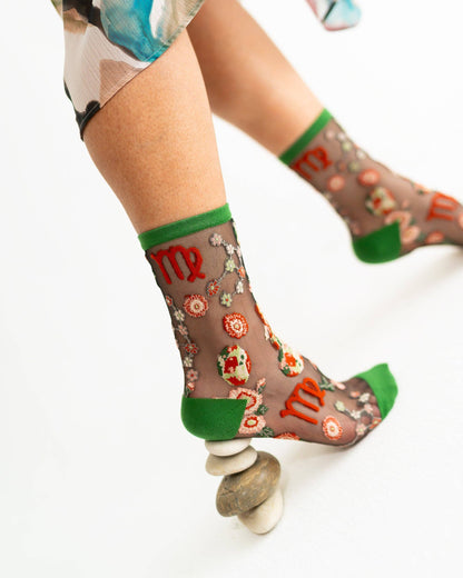 Virgo Zodiac Black Sheer Crew Sock **