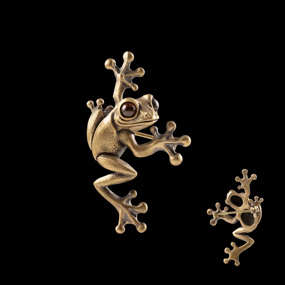 Red-Eyed Tree Frog Brooch | Brass with Garnet | Coppertist.Wu