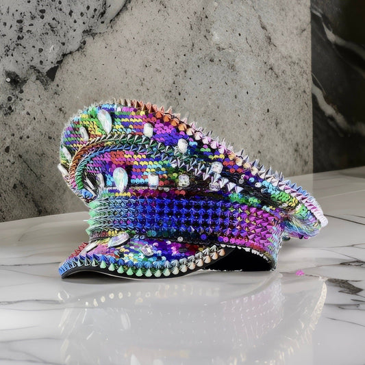 Rainbow Sequin Rhinestone Captain's Hat | Festival Glam