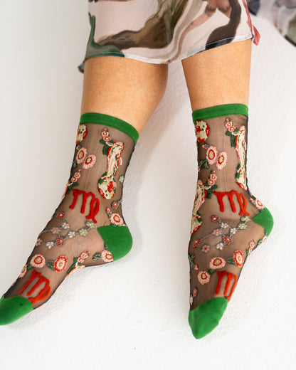 Virgo Zodiac Black Sheer Crew Sock **