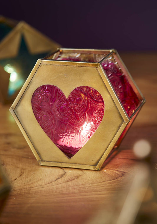 Hexagon Heart Lantern | Pink Glass Tealight Holder