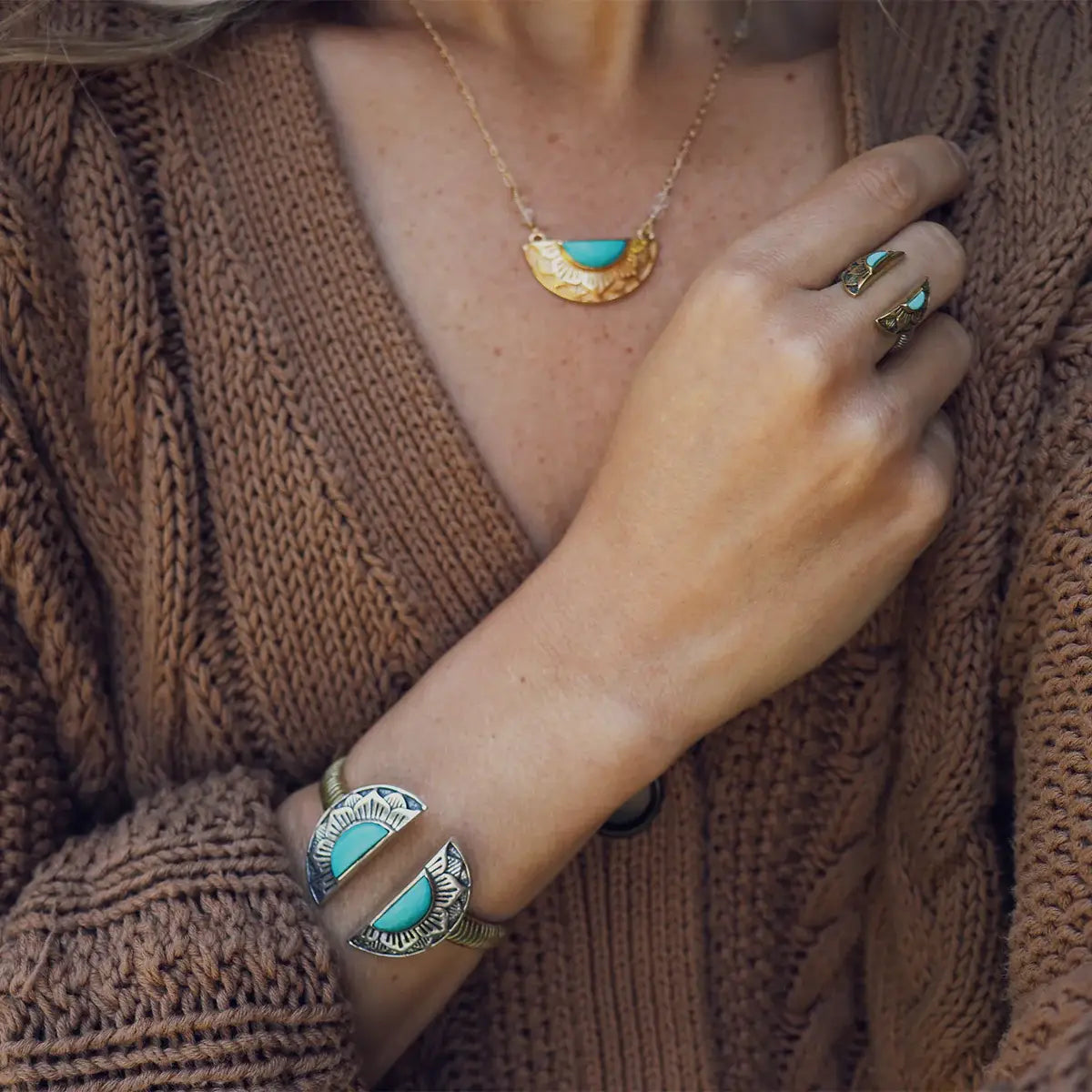 Natural Mystic Cuff | Turquoise, Brass with Sterling Silver | Bahgsu Jewels
