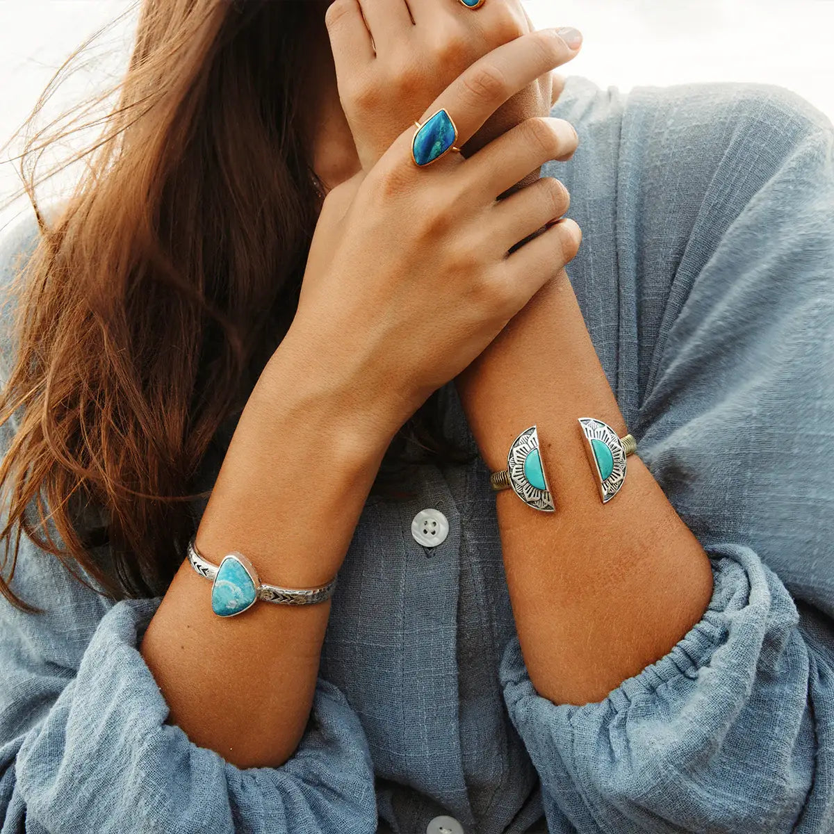 Natural Mystic Cuff | Turquoise, Brass with Sterling Silver | Bahgsu Jewels