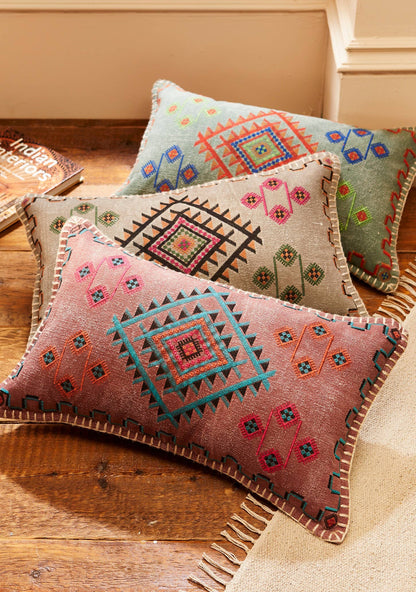 Satara Embroidered Cushion | Artisan Cotton Lumbar Pillow