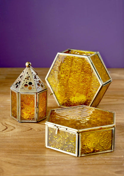 Hexagon Jewelry Box | Glass & Brass Keepsake Storage