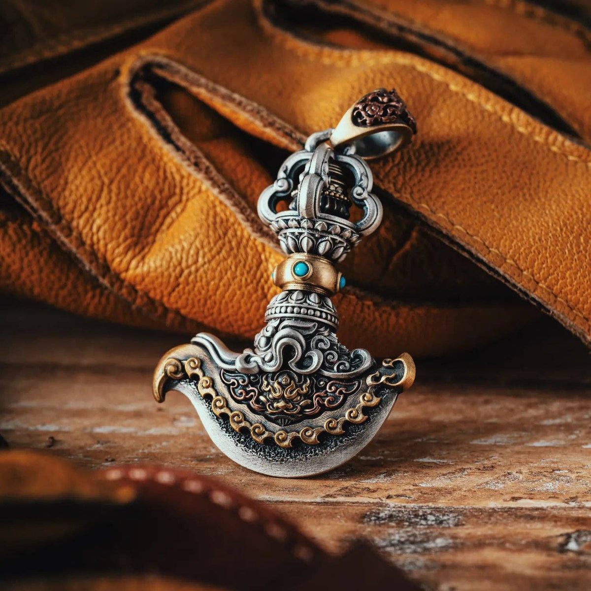Vajra Axe Blade Pendant | Brown Garuda Rope Necklace | Oxidized Silver, Brass, Copper & Turquoise | Coppertist.Wu