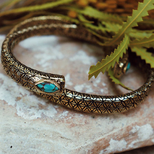 Flower of Life Cuff With Gemstone | Moonstone (Brass) or Turquoise (Indian Silver) | Bahgsu Jewels
