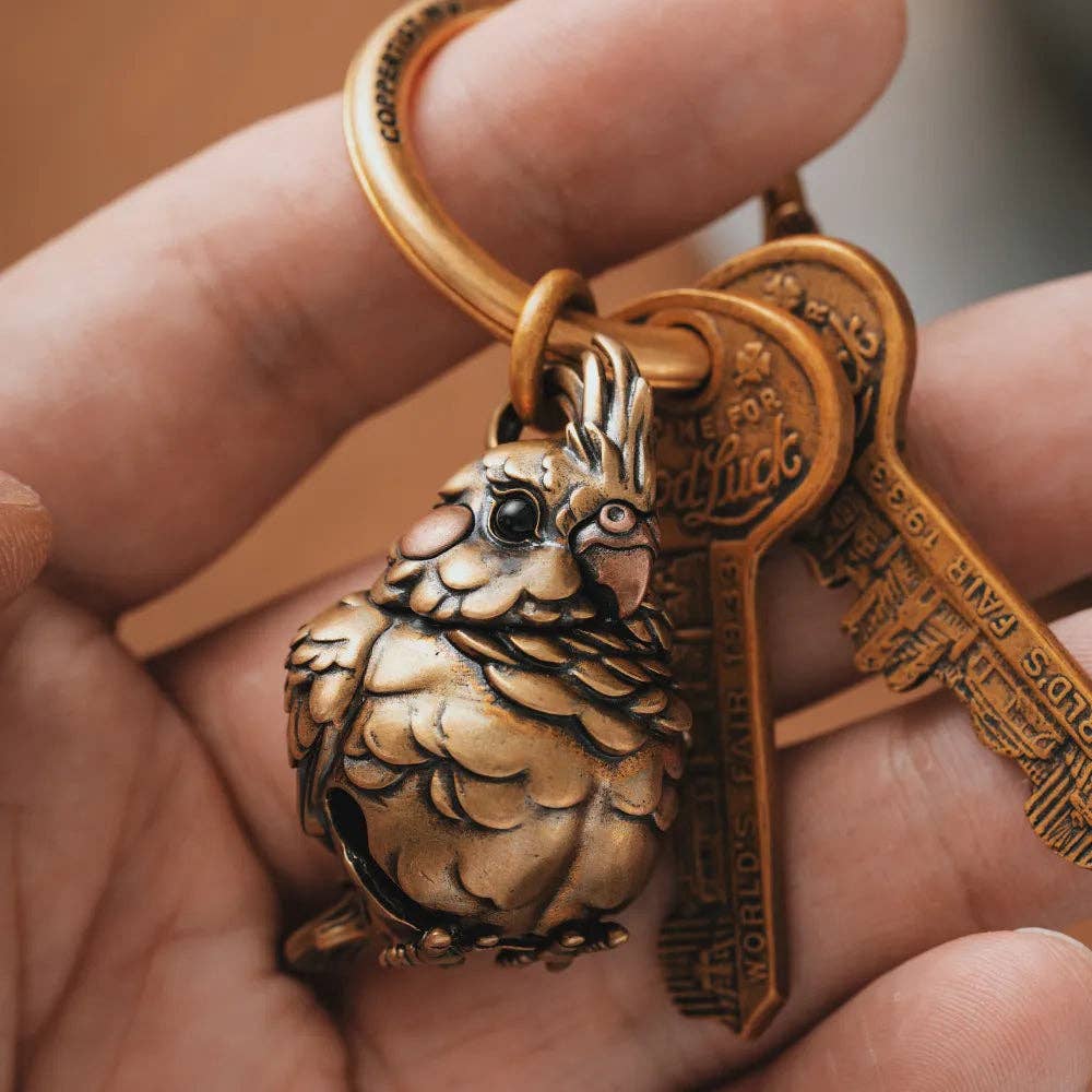 Cockatiel Bell Keychain | Brass, Purple Copper & Black Agate | Coppertist.Wu