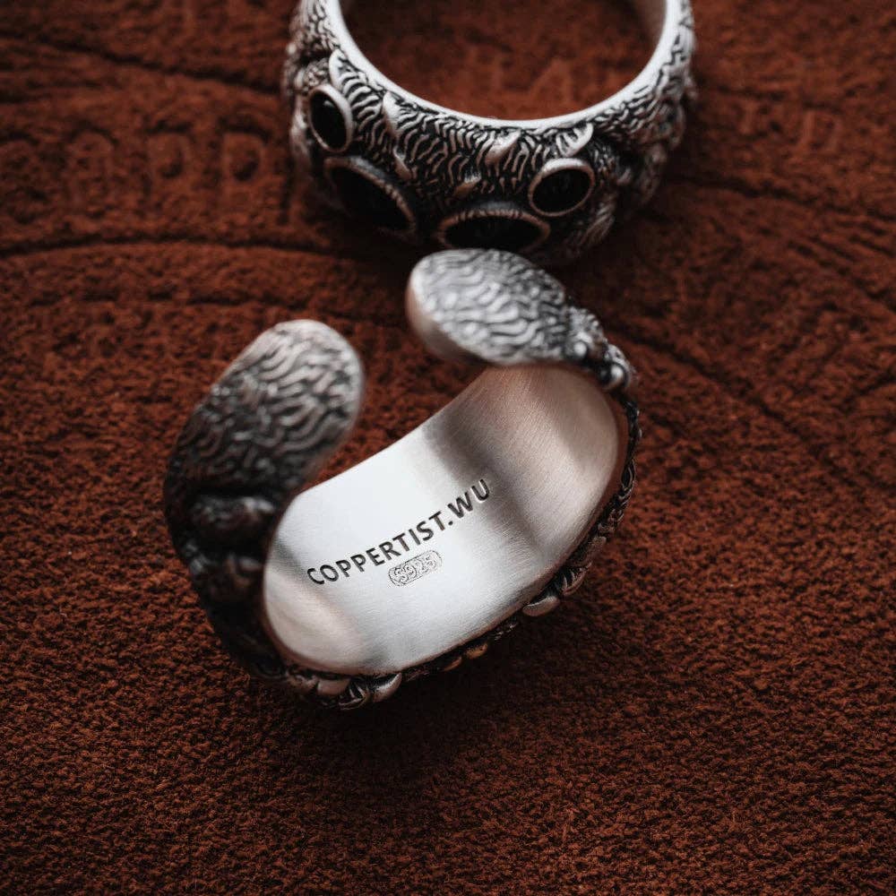 Jumping Spider Ring | Sterling Silver, Matte Black or Brass with Black Agate Eyes | Coppertist.Wu