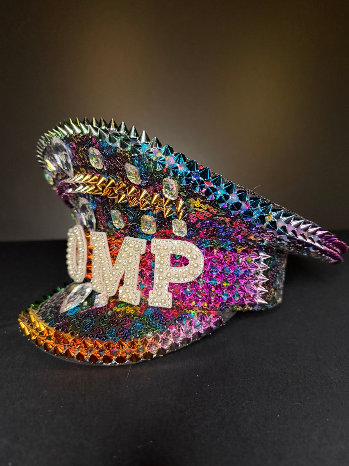 Rainbow Sequin Rhinestone Captain's Hat | Festival Glam