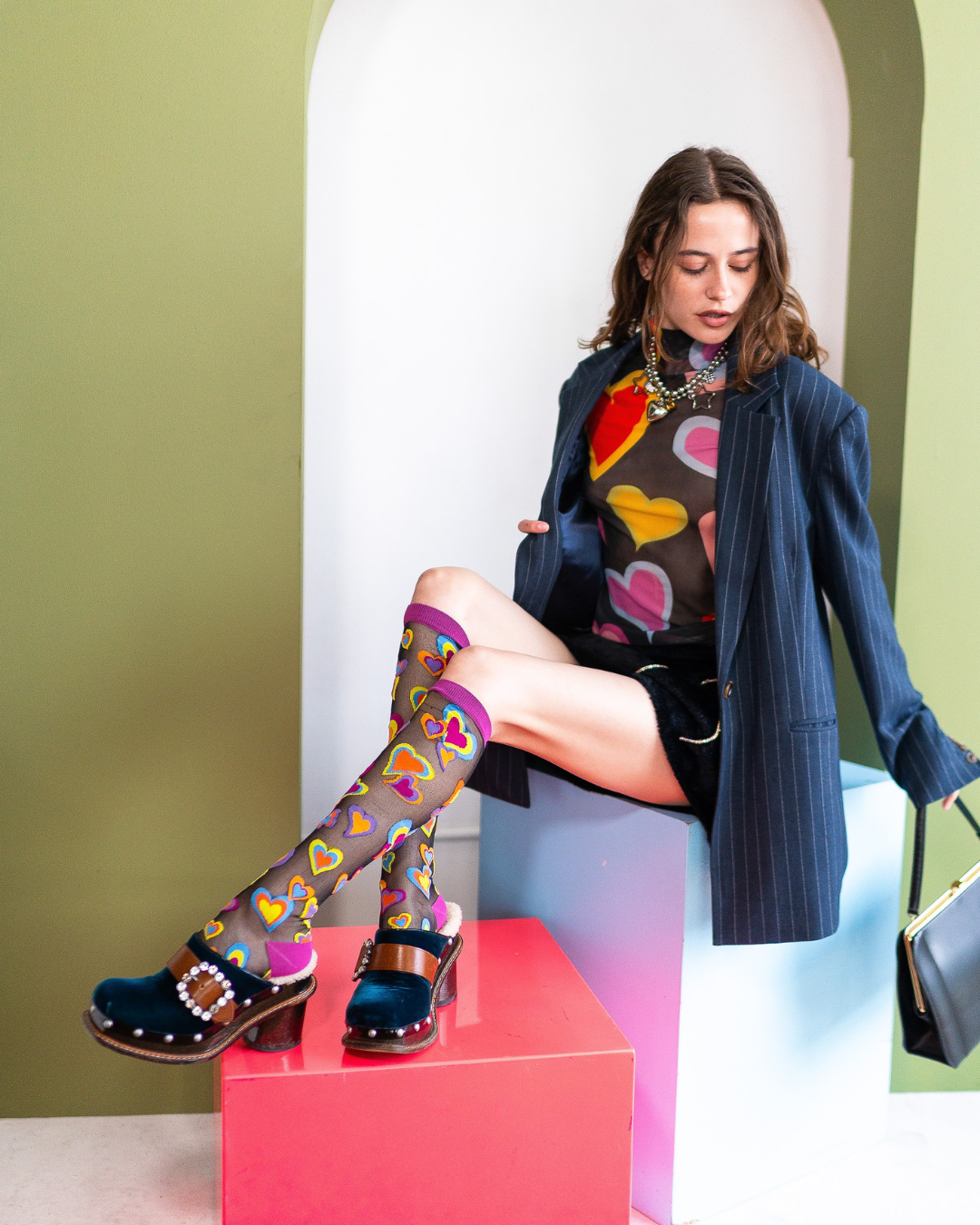 Y2K Hearts Black | Sheer Knee High Socks