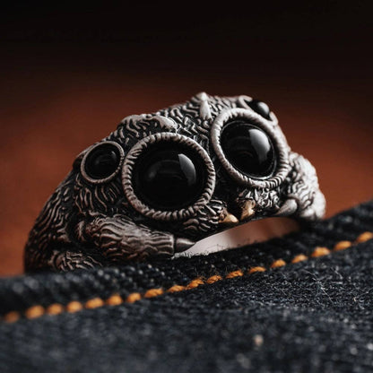 Jumping Spider Ring | Sterling Silver, Matte Black or Brass with Black Agate Eyes | Coppertist.Wu